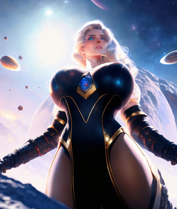 Blonde-Haired Female Superhero in Black and Gold Suit on Cosmic Background