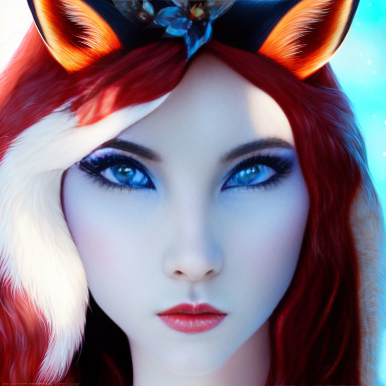 Female character with red and white fox ears and blue eyes portrait on blue background