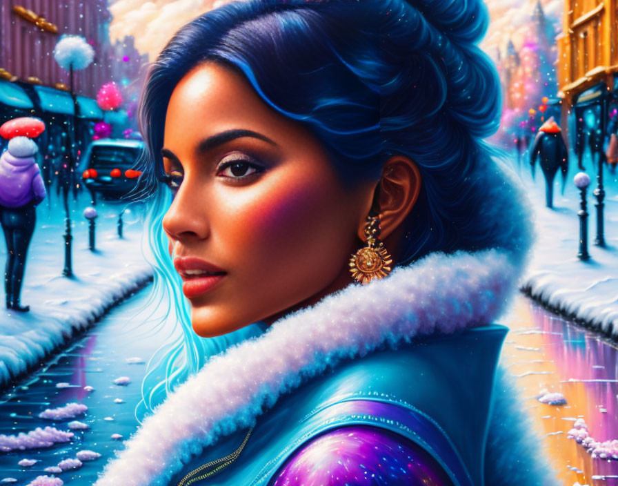 Woman with Blue Hair and Striking Makeup in Neon-lit Snowy Cityscape