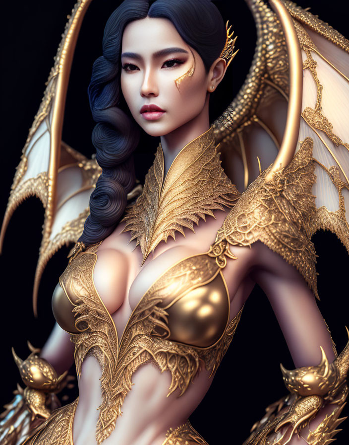 Fantasy armor woman with golden wings and intricate designs