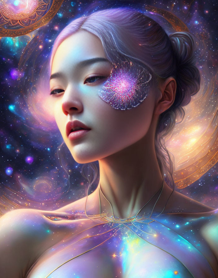 Digital Artwork: Woman with Ethereal Glow and Cosmic Backdrop