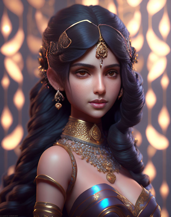 Digital portrait of woman with gold jewelry, wavy hair, and warm glowing background.