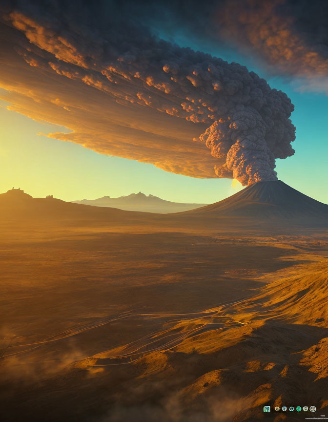 Volcano erupting with smoke and ash at sunset