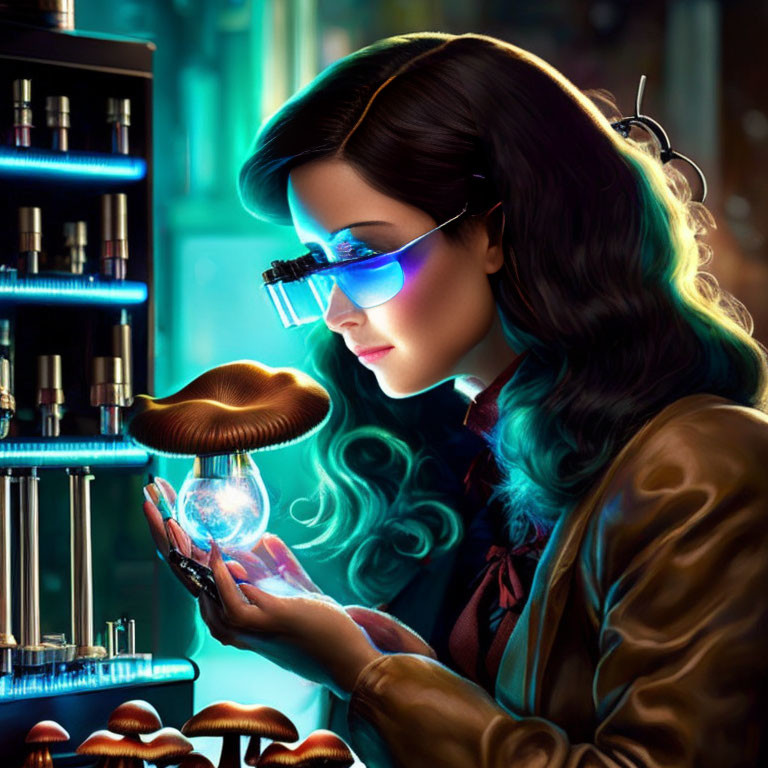 Futuristic woman with glasses examines glowing orb in sci-fi scene