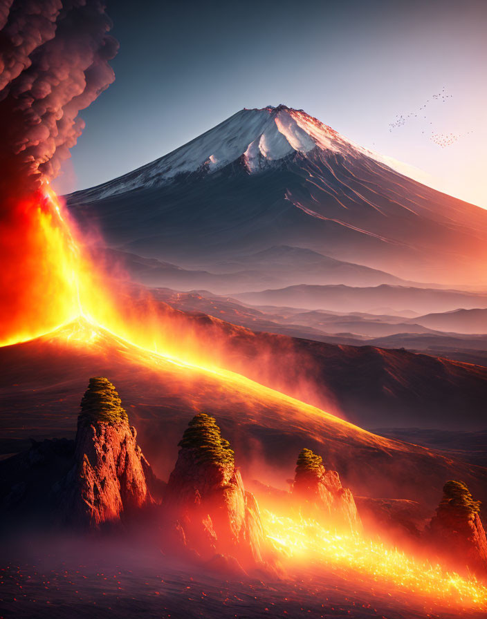 Volcano eruption with flowing lava, billowing smoke, fleeing birds, and serene mountain backdrop