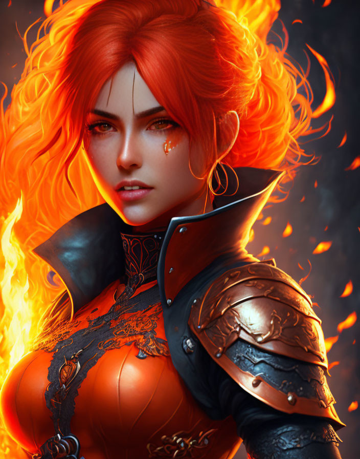 Fiery-Haired Warrior in Ornate Armor Engulfed in Flames