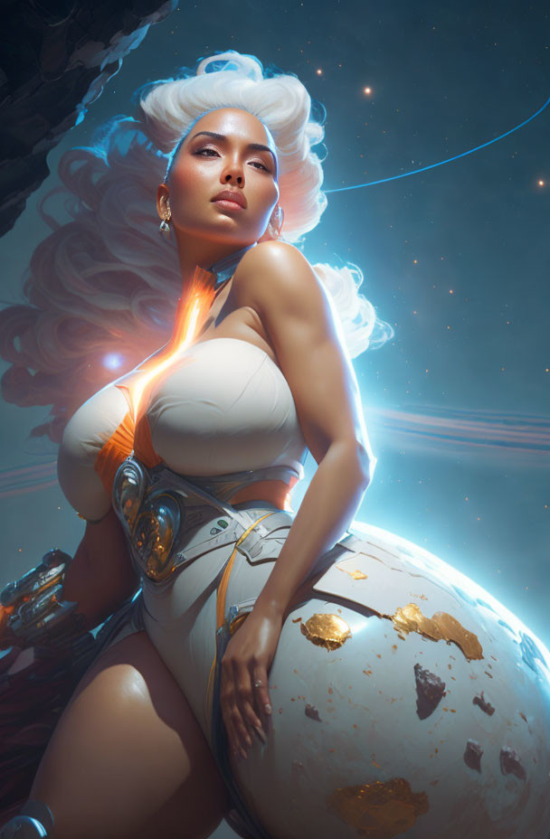 Futuristic woman in glowing orange suit with celestial orb in cosmic backdrop