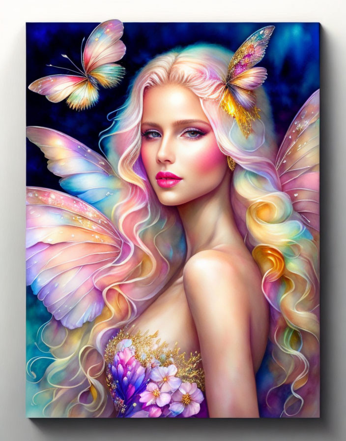 Colorful Fairy Portrait with Luminescent Wings and Butterflies