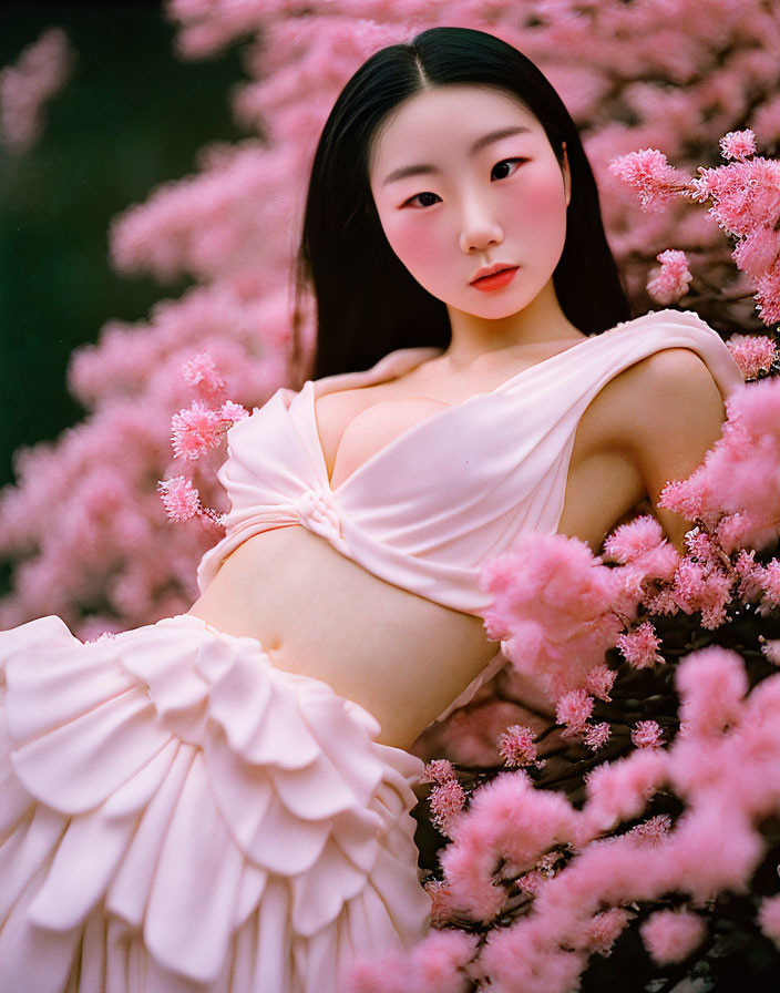 Woman in Pink Dress Surrounded by Pink Blossoms