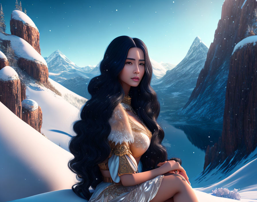 Illustrated woman in fantasy attire sitting in snowy twilight landscape