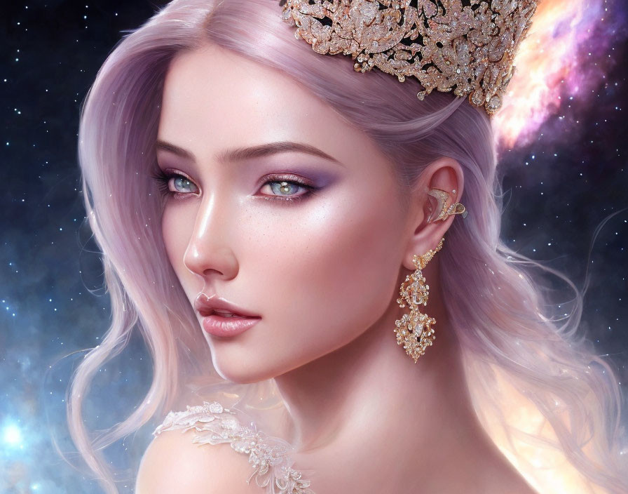 Detailed Digital Artwork: Woman with Purple Hair, Golden Crown, Cosmic Background