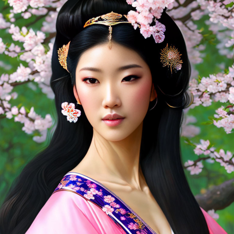 Digital Artwork: Woman in East Asian Attire Among Cherry Blossoms