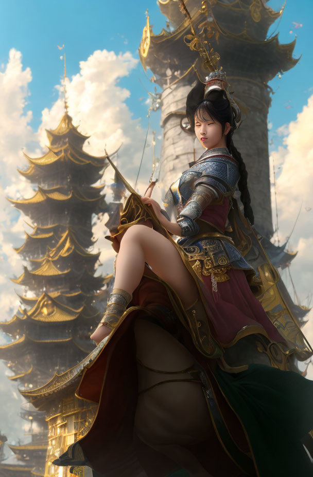 Traditional Asian woman in elegant attire with sword, sitting by pagoda-style structures.