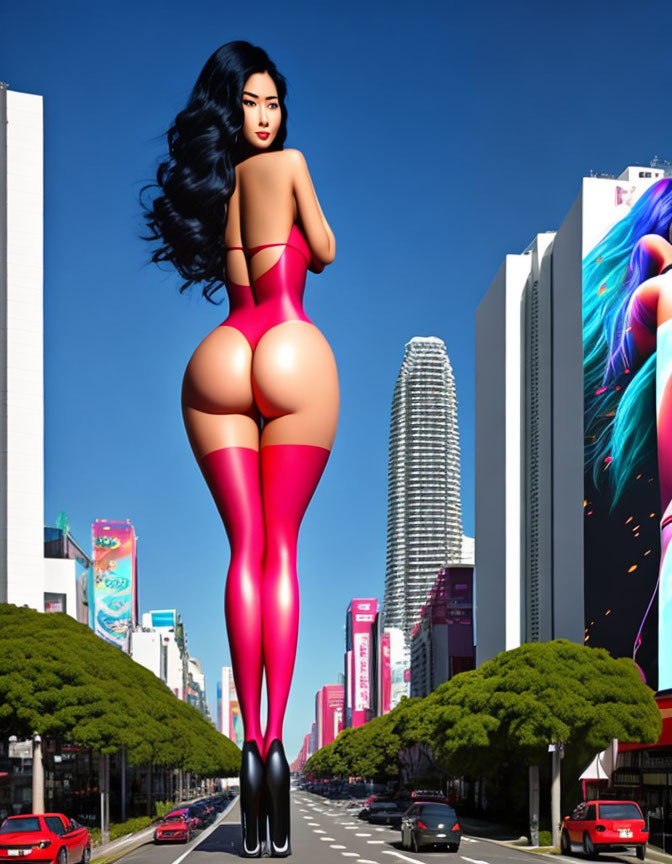 Stylized digital artwork: Oversized woman in red outfit in modern cityscape