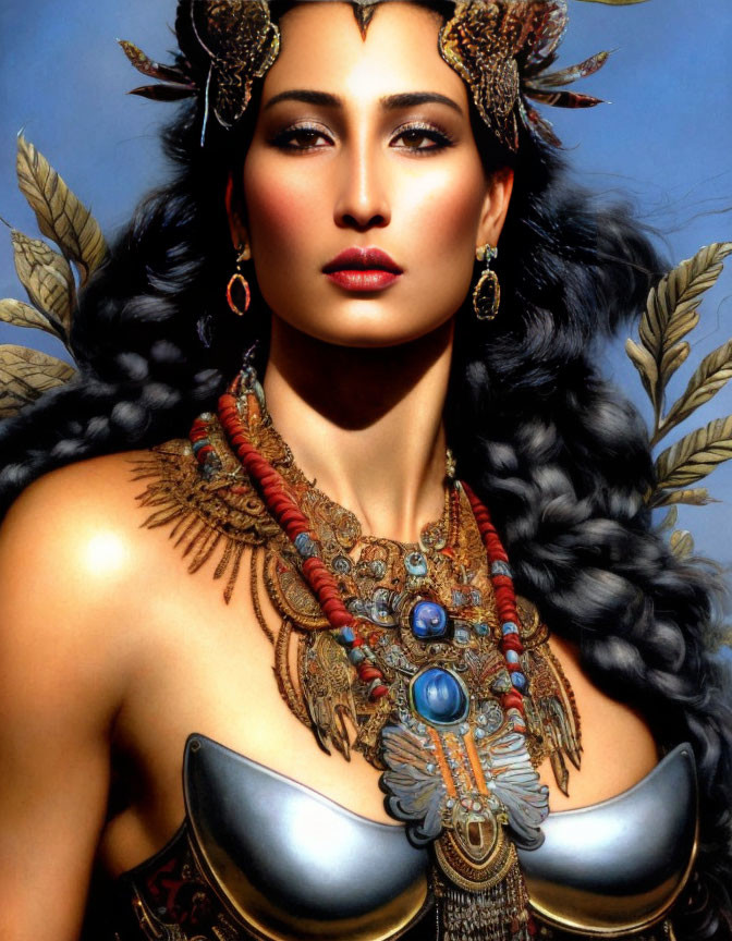 Elaborate feathered headpiece, gold necklace, metallic armor under clear blue sky