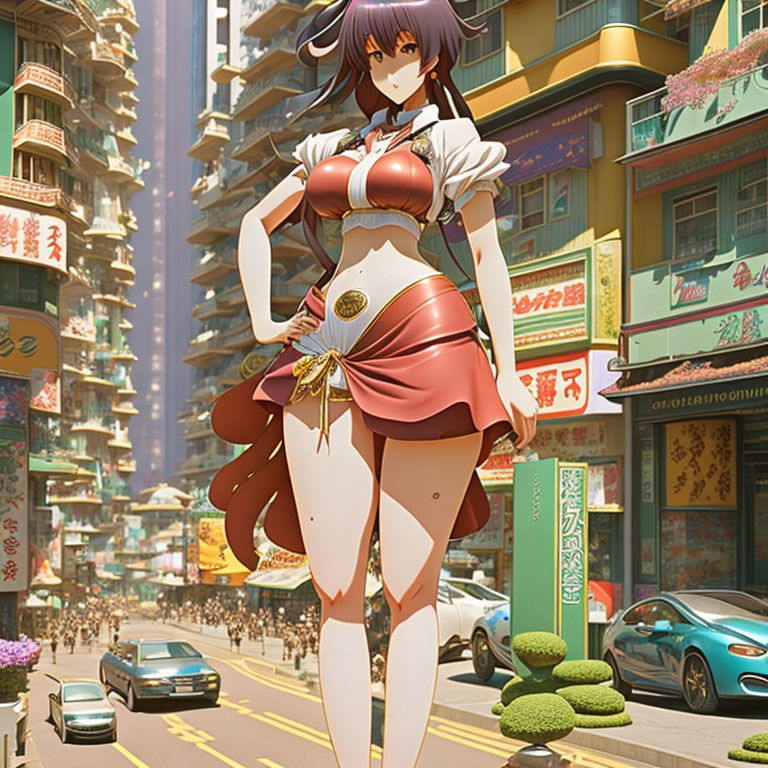 Stylized female character in red and white outfit in futuristic cityscape