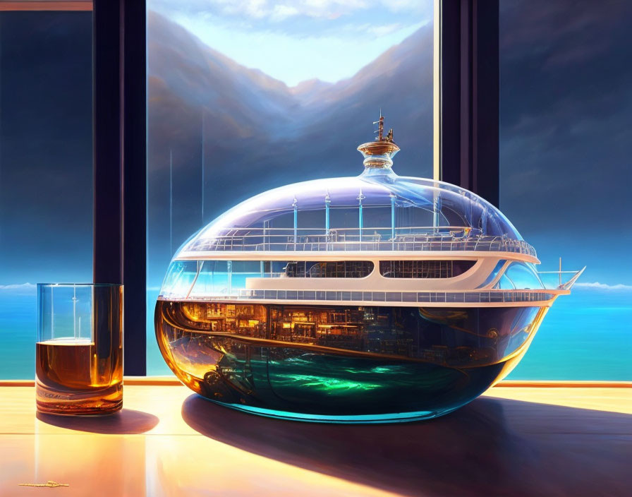 Glass yacht and whiskey glass with mountainous seascape background.