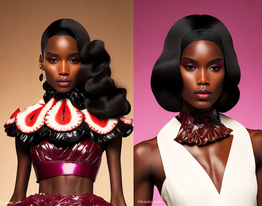 Stylized portraits of a woman with creative hairstyles and avant-garde fashion on pink and peach background