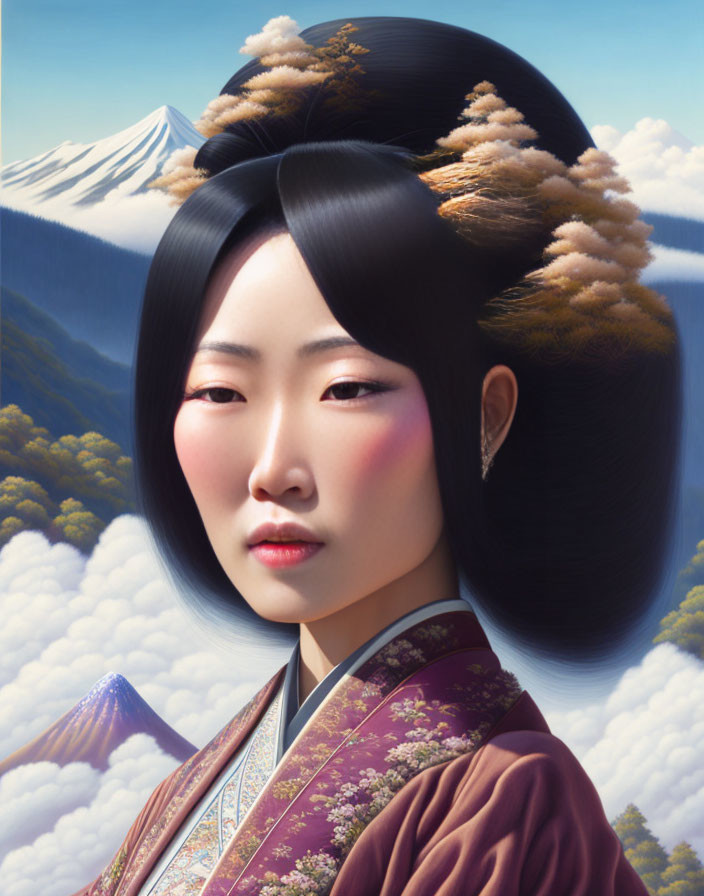 Surreal portrait of woman in Japanese attire with Mt. Fuji landscape