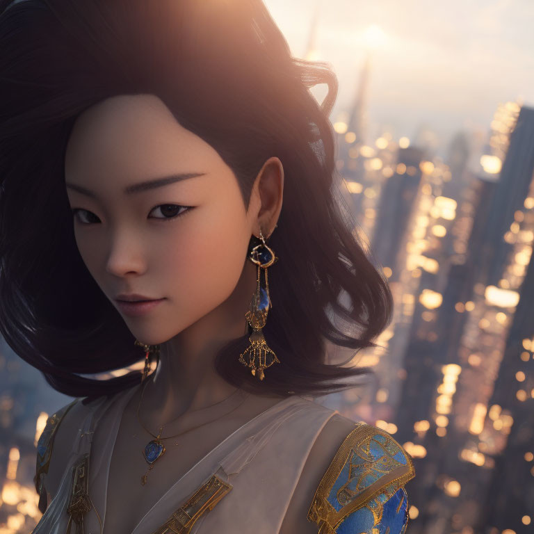 Digital portrait of Asian woman with stylized hair and elegant earrings in cityscape at sunset