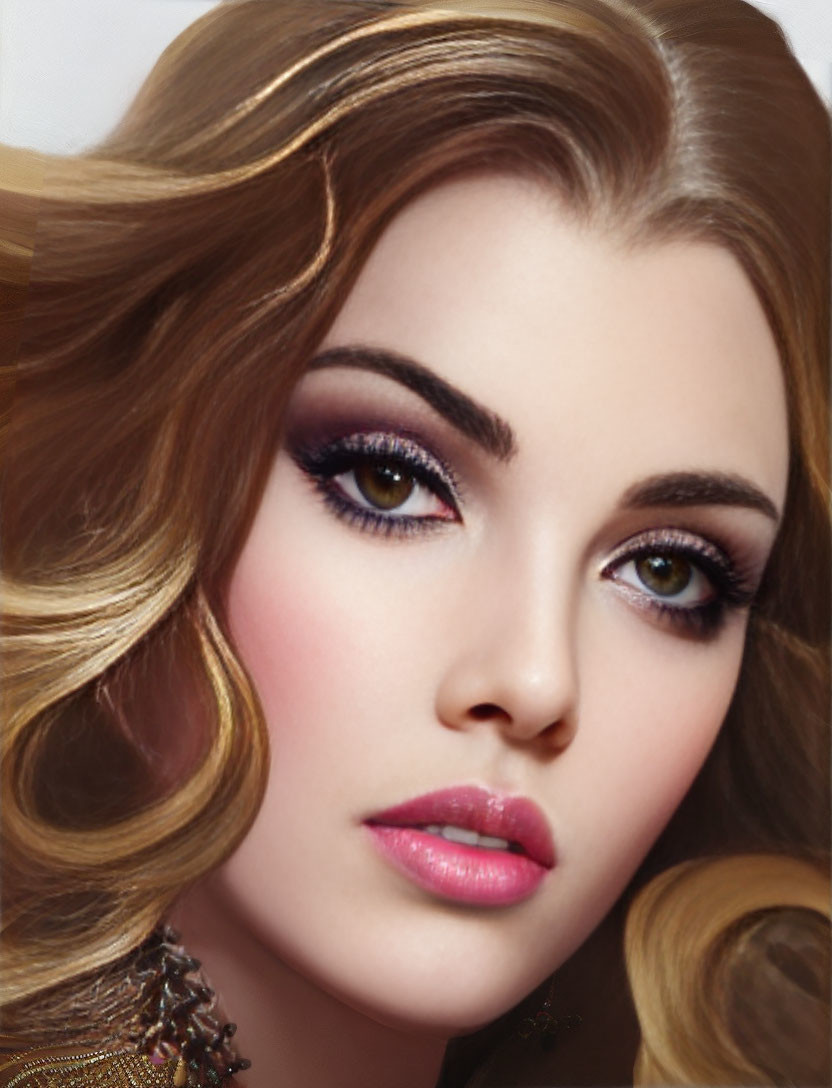 Detailed Close-Up of Woman with Voluminous Wavy Hair and Dramatic Makeup