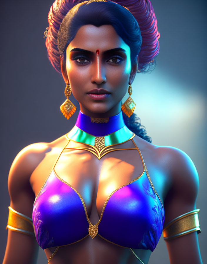 Stylized portrait of woman in futuristic attire with colorful hair