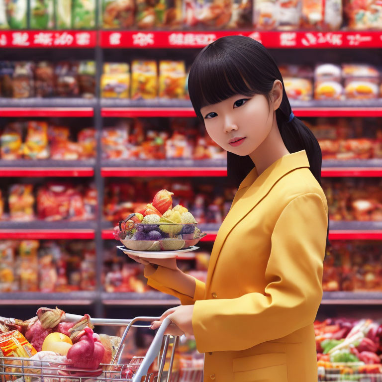 Digital artwork of woman with black hair holding fruit plate in grocery aisle