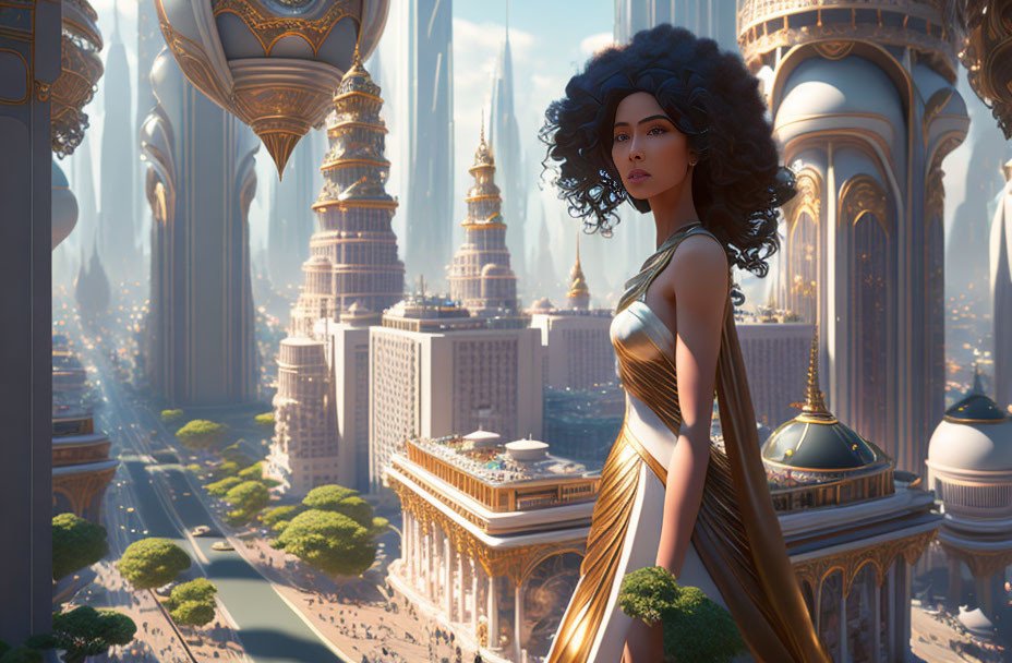 Woman in Golden Dress Stands Before Futuristic City