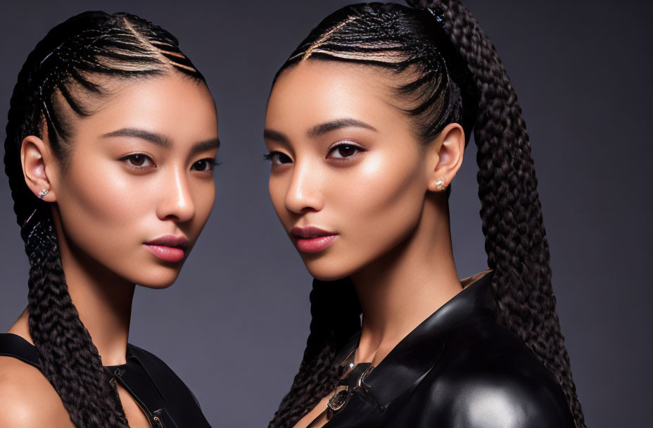 Two braided hair individuals in makeup and leather against gray backdrop