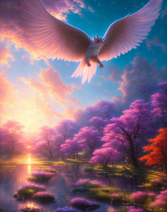 White Owl Flying Over Serene Landscape with Pink Trees