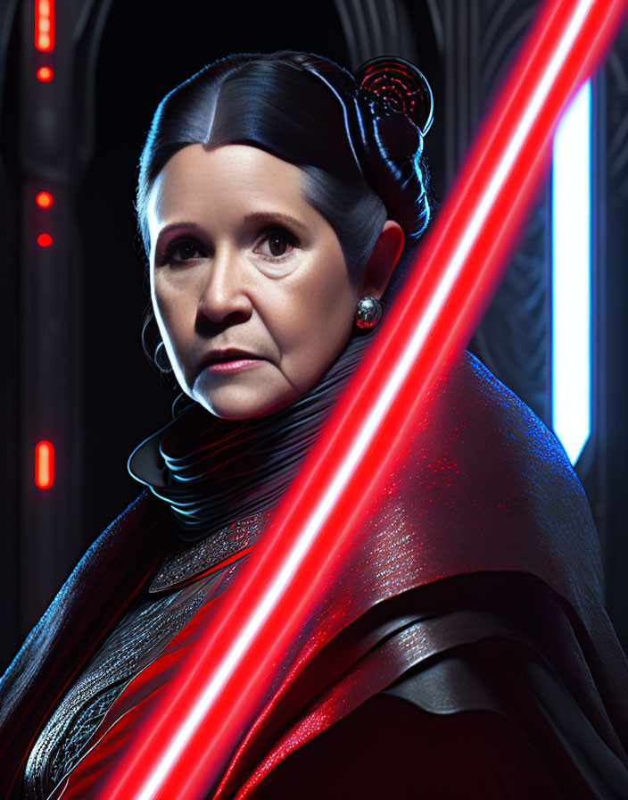 Serious woman in dark robes with updo hairstyle and red lightsaber.