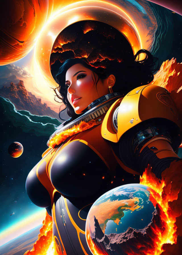 Futuristic woman in spacesuit on fiery planet with solar eclipse