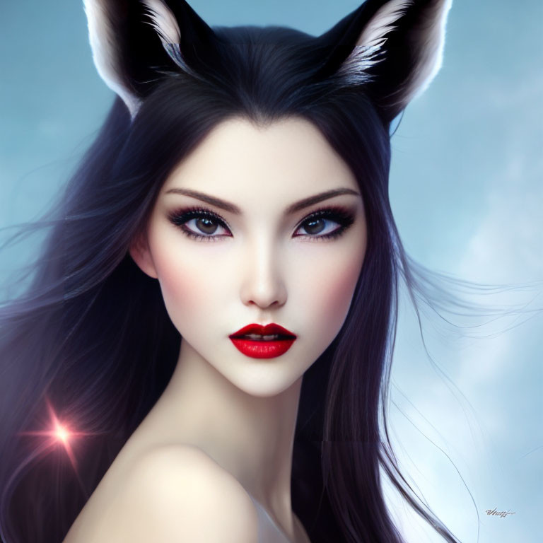 Digital portrait of woman with fox ears and red lipstick on soft blue background