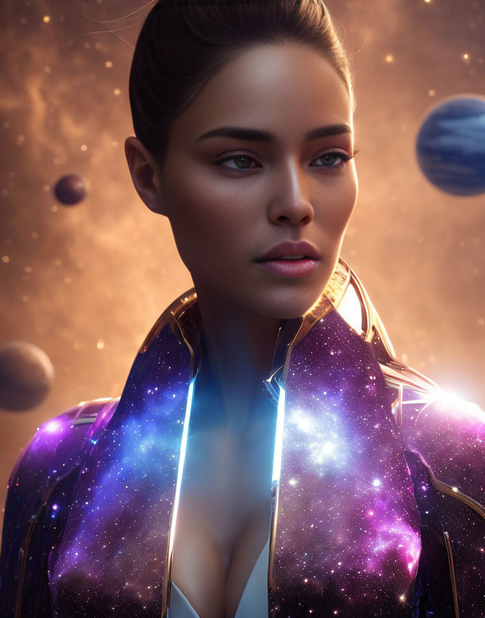 Cosmic-themed woman portrait with glowing star patterns