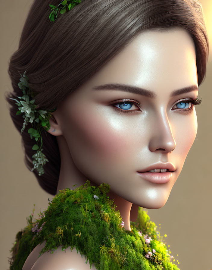 Detailed digital artwork of woman with moss and flowers, blue eyes, fair skin, subtle smile