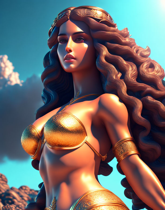 3D Illustration: Woman in Golden Armor with Wavy Hair