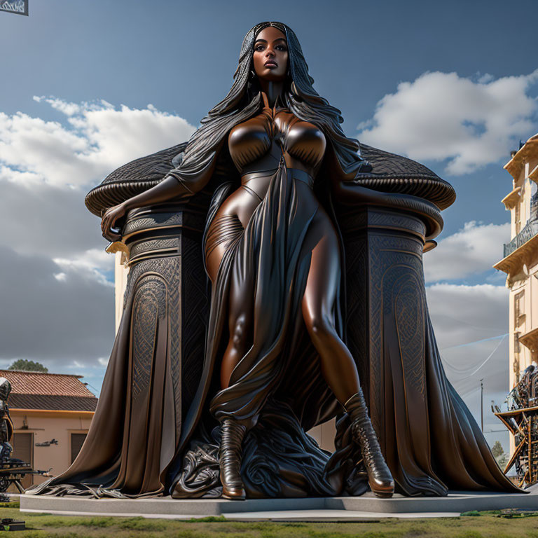 Bronze-toned woman statue in dynamic pose against blue sky.