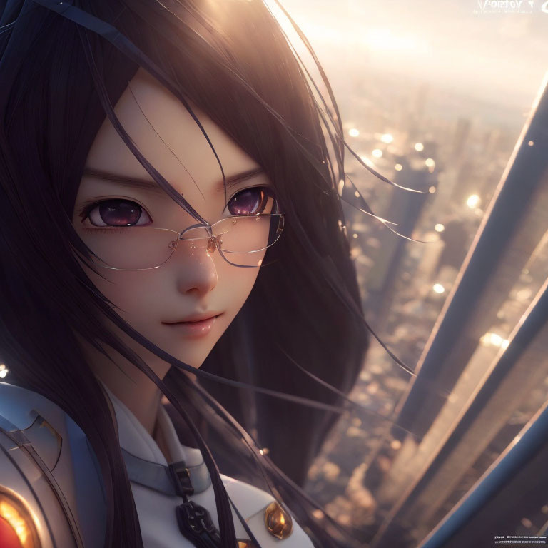 Long-haired female character with purple eyes and glasses gazes at cityscape at sunset