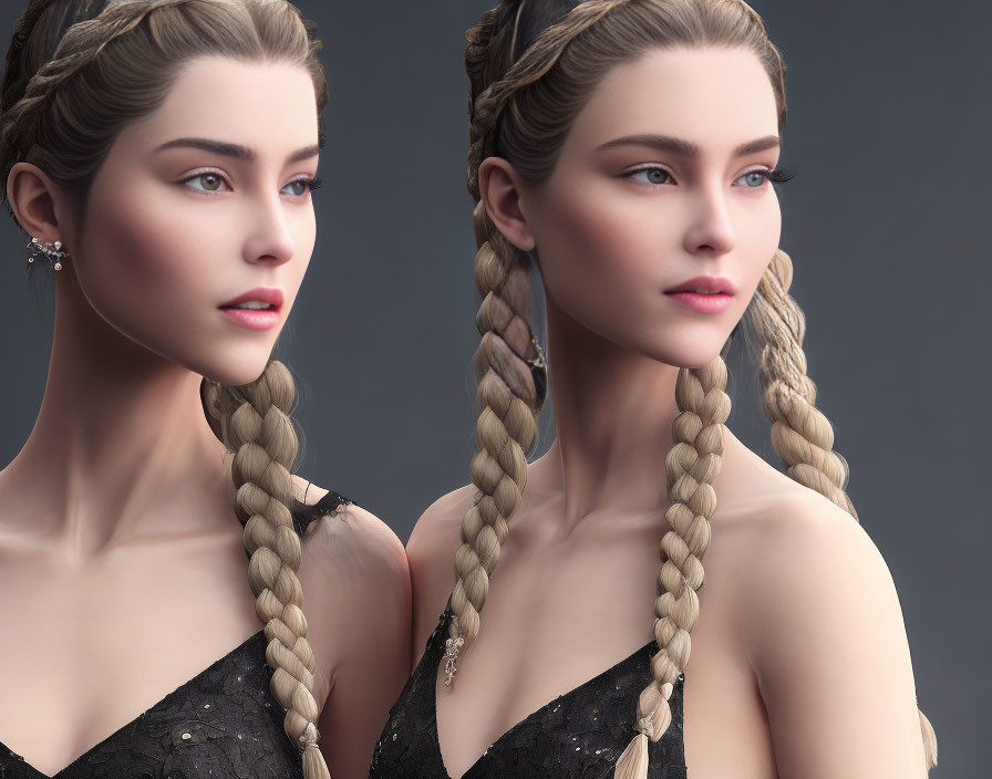 Identical 3D-rendered female figures in black dresses with braided hair