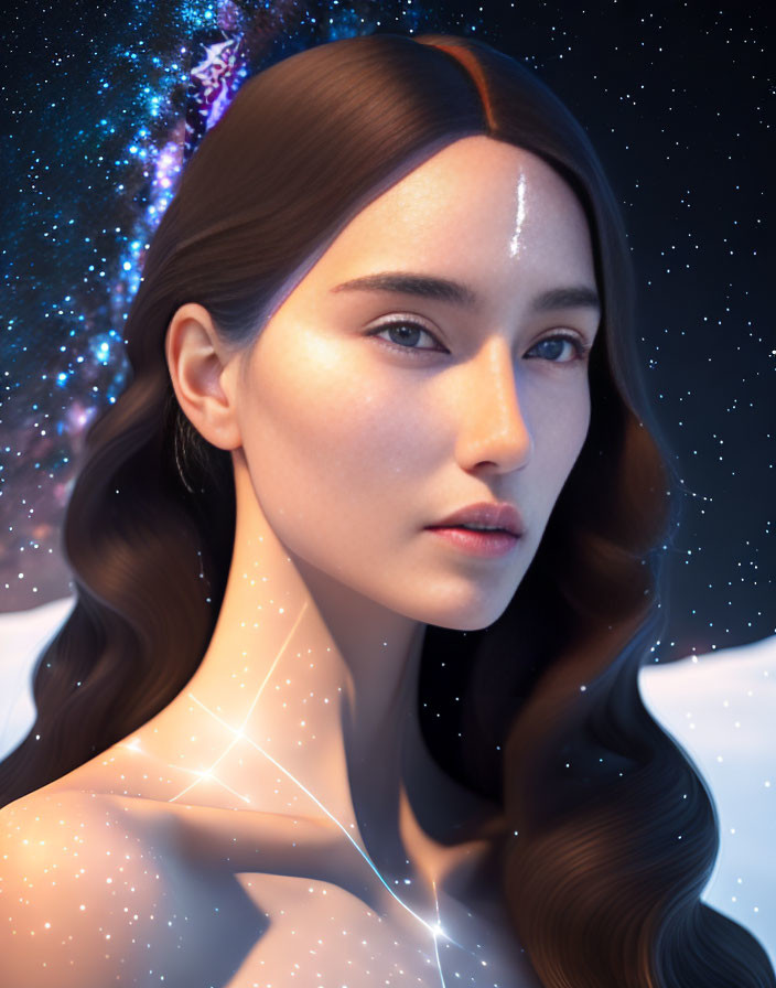 Digital portrait of a woman with wavy hair in cosmic space setting