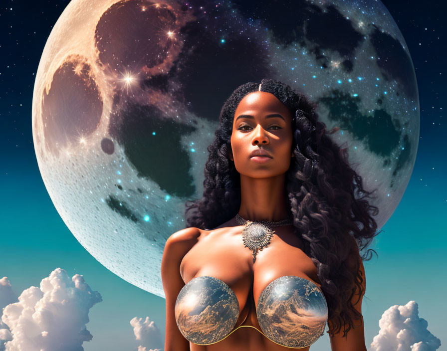 Cosmic-themed attire woman with ornate necklace and surreal moon backdrop