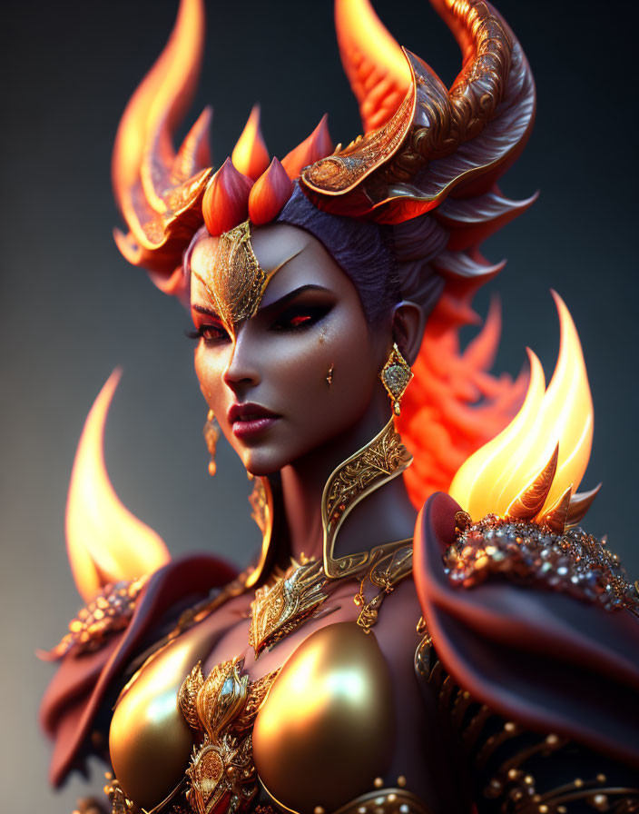 Majestic fantasy female figure with horns, golden armor, and flames