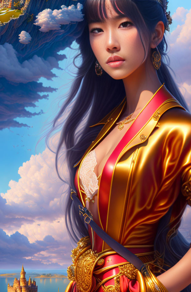 Digital portrait of woman in red and gold outfit with fantasy castle backdrop