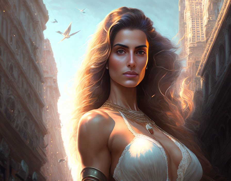 Digital artwork of poised woman in golden armor against fantastical cityscape