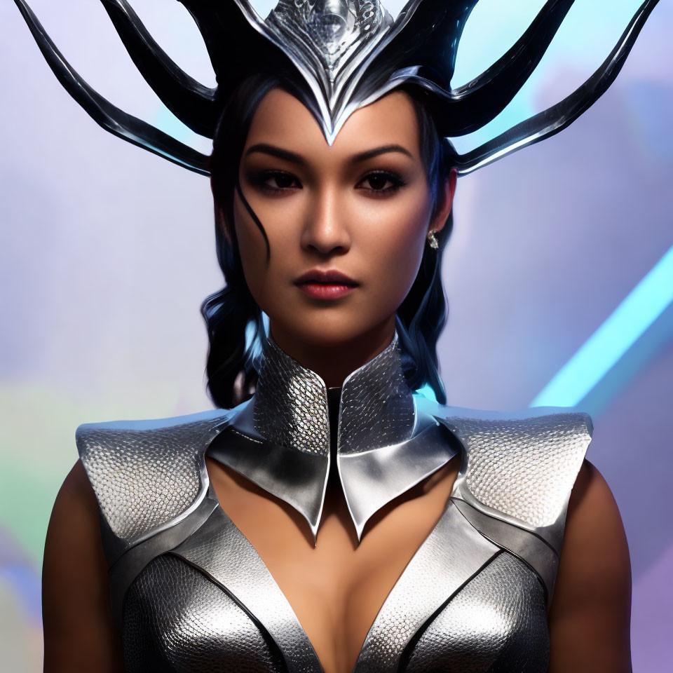 Digital portrait of woman in fantasy armor with metallic horned helmet, chestplate, against colorful background