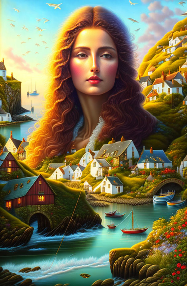 Surreal illustration: Woman's face merges with coastal village scene