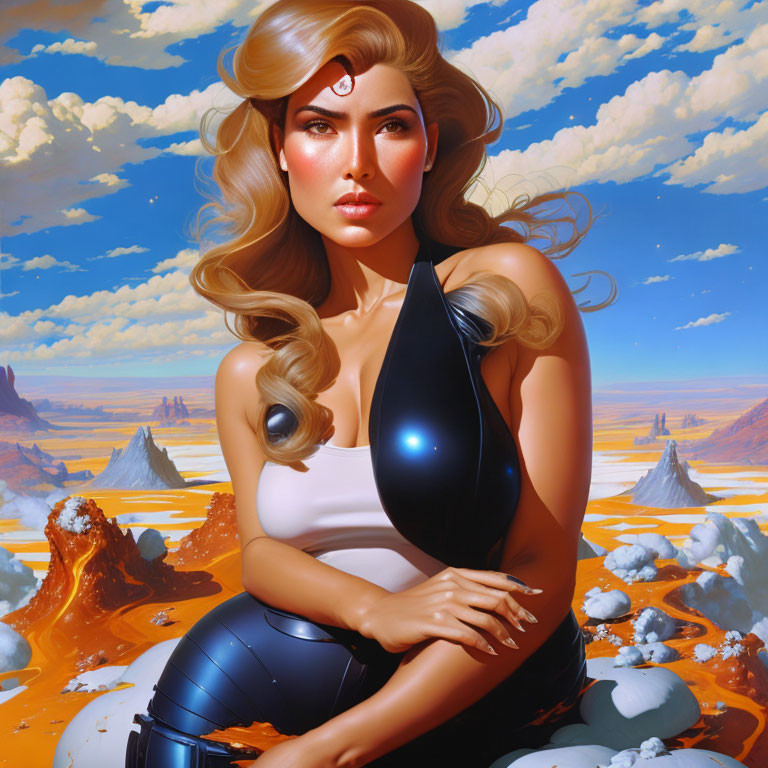 Blonde woman in futuristic attire against surreal desert backdrop