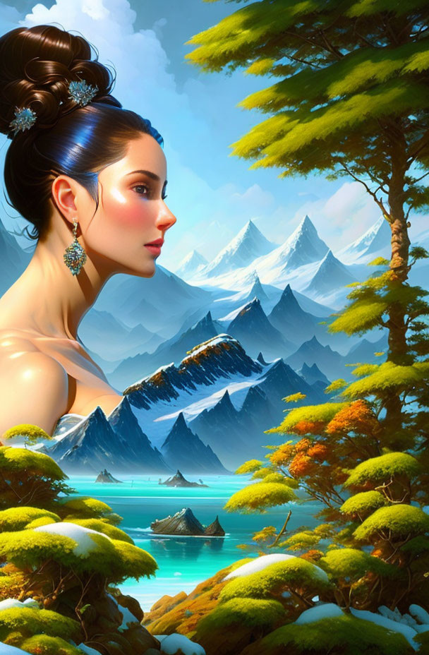 Tranquil digital painting of woman with elegant updo against alpine scenery