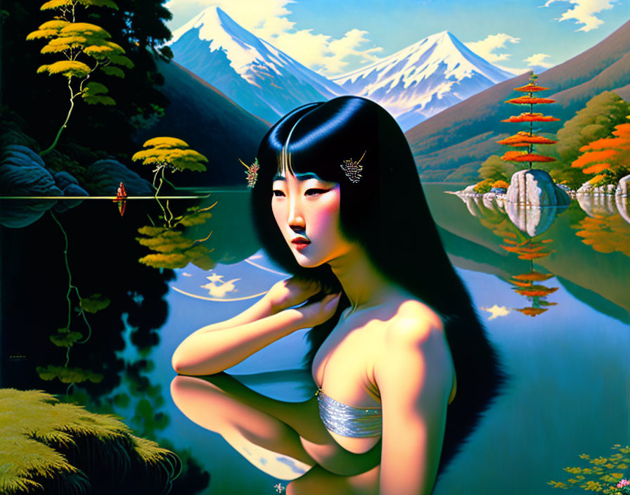 Artistic depiction of woman with black hair in serene landscape