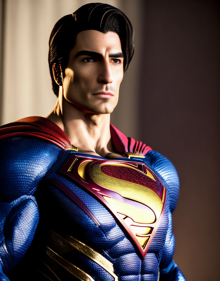 Detailed Superman figure with textured suit, confidently looking aside.